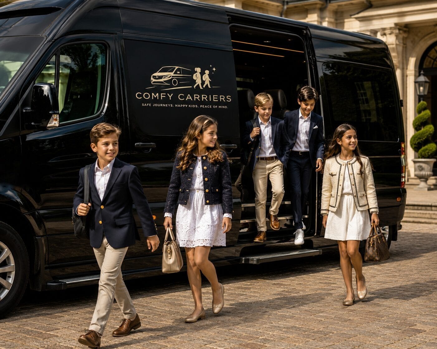 Well-dressed children stepping out of the Comfy Carriers van