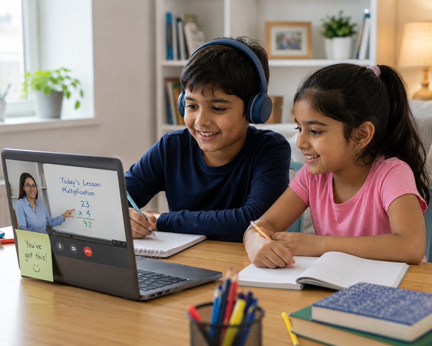 Two children studying together at a desk