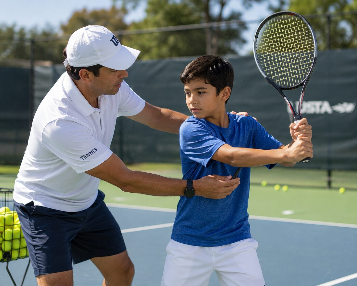 A young player working through a tennis lesson with a coach